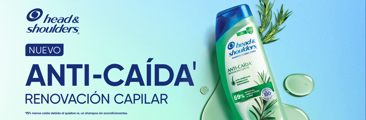 Botella de Head & Shoulders Shampoo Anti-Caída Renovación Capilar con romero y aloe vera sobre fondo verde claro, con texto "Nuevo Anti-Caída Renovación Capilar: 95% menos caída debido al quiebre vs. un shampoo sin acondicionadores"