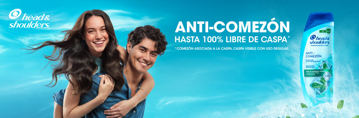 Pareja joven con cabello al viento junto a botella de Head & Shoulders Shampoo Anti-Comezon sobre fondo azul turquesa, con texto "Anti-Comezon: Hasta 100% libre de caspa"