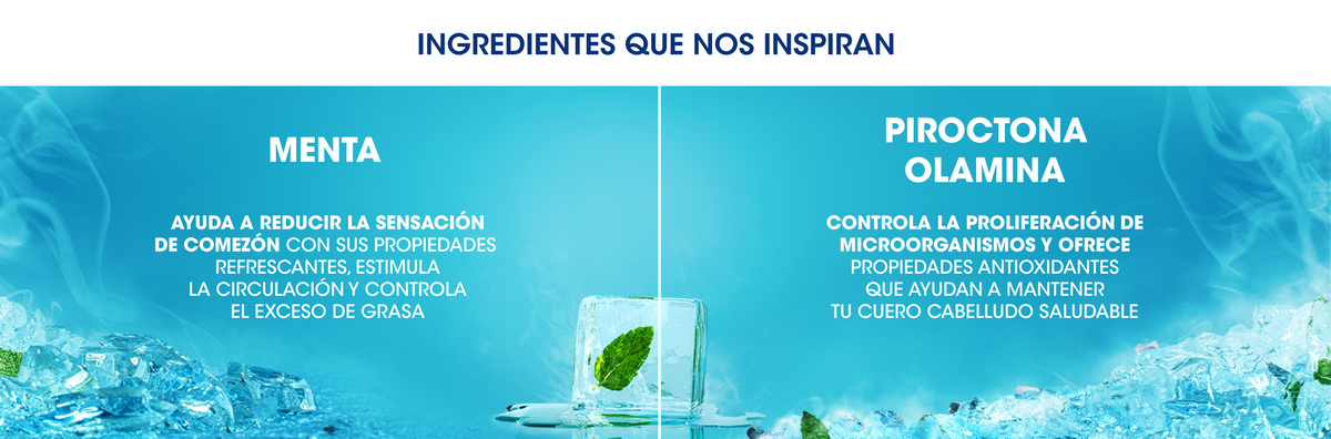 Infografía con hojas de menta y cubos de hielo sobre fondo azul, con texto "Ingredientes que nos inspiran: Menta ayuda a reducir la sensación de comezón con sus propiedades refrescantes, estimula la circulación y controla el exceso de grasa. Piroctona Olamina controla la proliferación de microorganismos y ofrece propiedades antioxidantes que ayudan a mantener tu cuero cabelludo saludable"