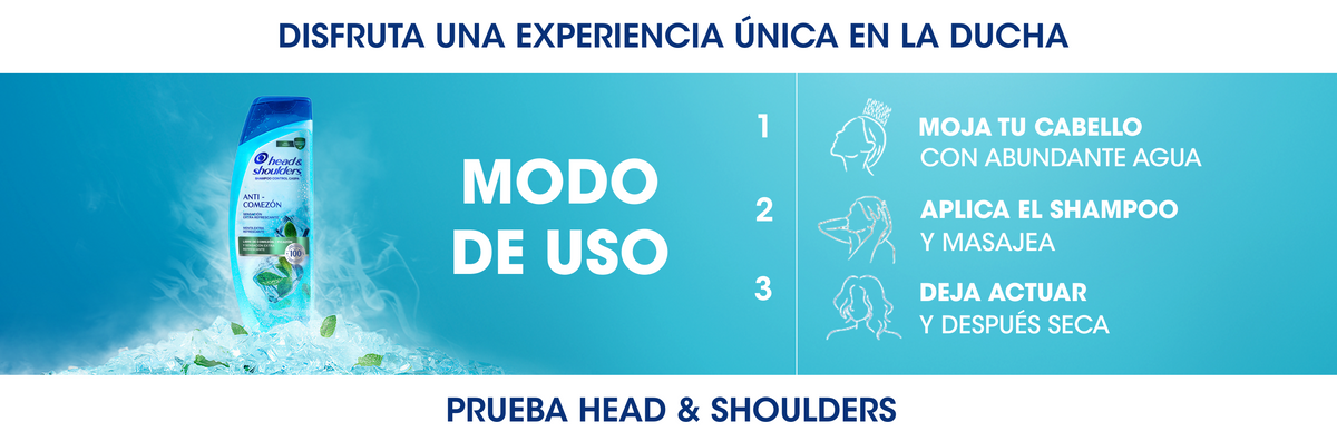 Botella de Head & Shoulders Shampoo Anti-Comezon con cubos de hielo sobre fondo azul, con texto "Disfruta una experiencia única en la ducha. Modo de uso: 1. Moja tu cabello con abundante agua, 2. Aplica el shampoo y masajea, 3. Deja actuar y después seca"