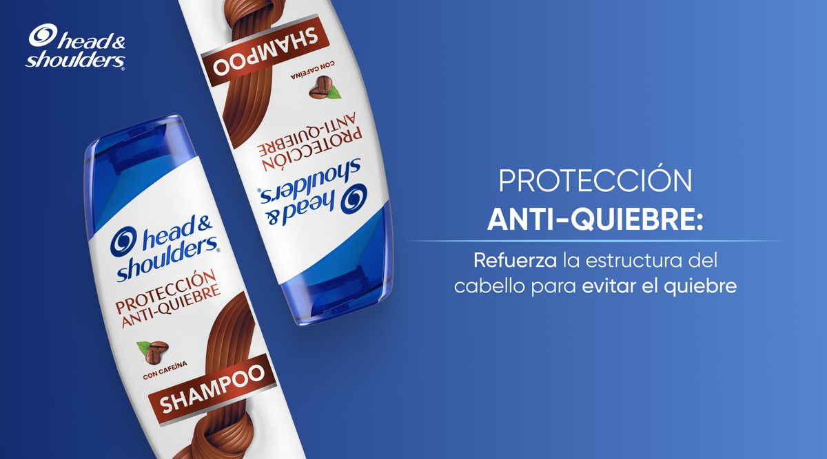 Variedad de productos Head & Shoulders Shampoo Protección Anti-Quiebre sobre fondo azul, con texto "Protección Anti-Quiebre: Refuerza la estructura del cabello para evitar el quiebre"