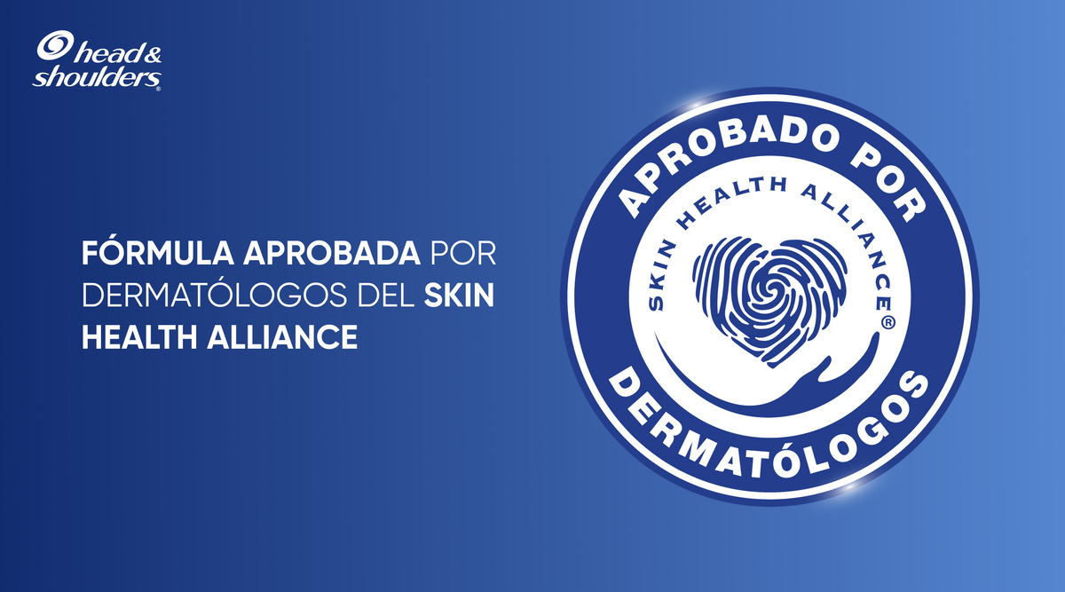 Sello Skin Health Alliance sobre fondo azul con texto "Fórmula aprobada por dermatólogos del Skin Health Alliance"