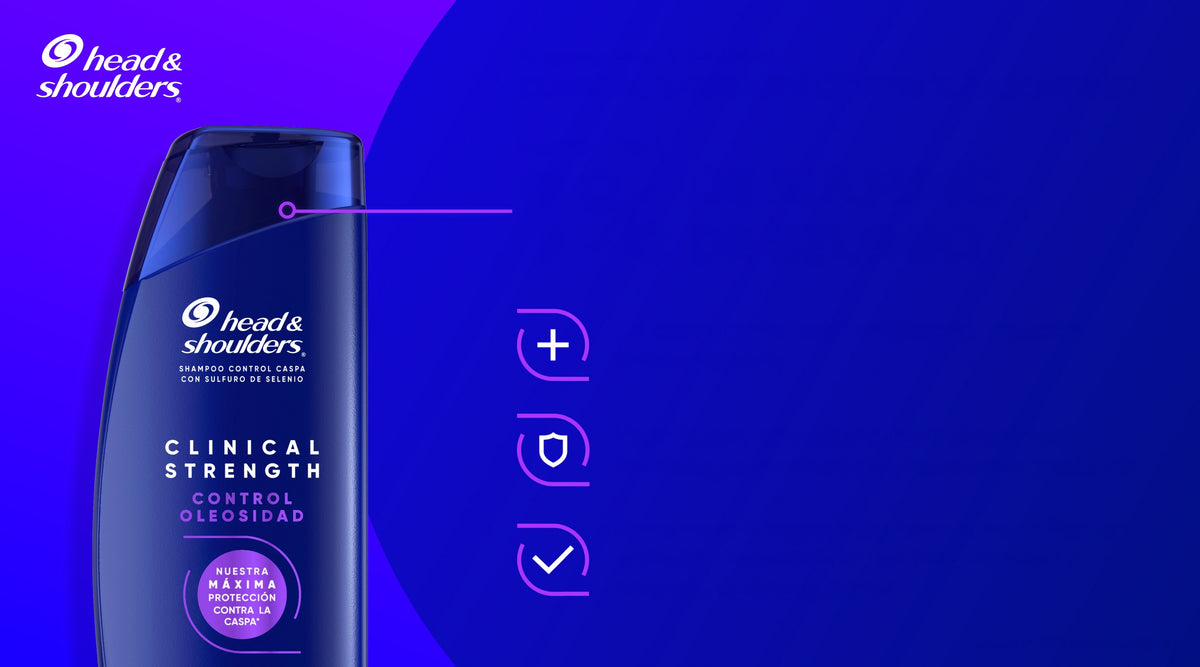 Botella de Head & Shoulders Clinical Strength Control Oleosidad junto a lista de beneficios sobre fondo azul, con texto "Shampoo Head & Shoulders Clinical Strength Control Oleosidad, hecho con 1% de Sulfuro de Selenio: la clave para esta poderosa solución control caspa*"