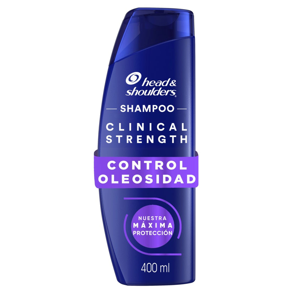 Botella de Head & Shoulders Shampoo Clinical Strength Control Oleosidad de 400 ml, con etiqueta morada "Control Oleosidad" y sello "Nuestra Máxima Protección"