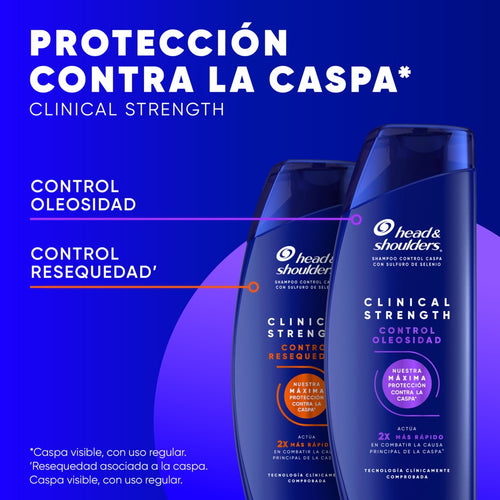 Dos botellas de Head & Shoulders Clinical Strength (Control Oleosidad y Control Resequedad) sobre fondo azul, con texto "Protección Contra la Caspa*: Clinical Strength"