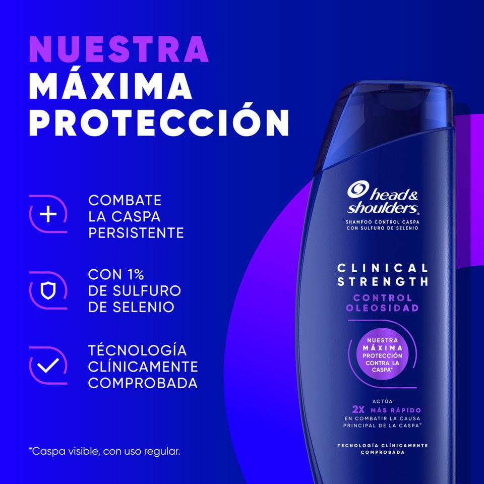 Botella de Head & Shoulders Clinical Strength Control Oleosidad junto a lista de beneficios sobre fondo azul, con texto "Nuestra Máxima Protección: Combate la Caspa Persistente*, con 1% de Sulfuro de Selenio, Tecnología Clínicamente Comprobada"