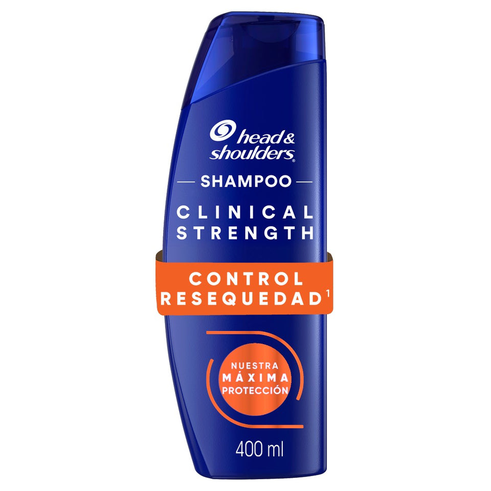 Botella de Head & Shoulders Shampoo Clinical Strength Control Resequedad de 400 ml, con etiqueta naranja "Control Resequedad" y sello "Nuestra Máxima Protección"