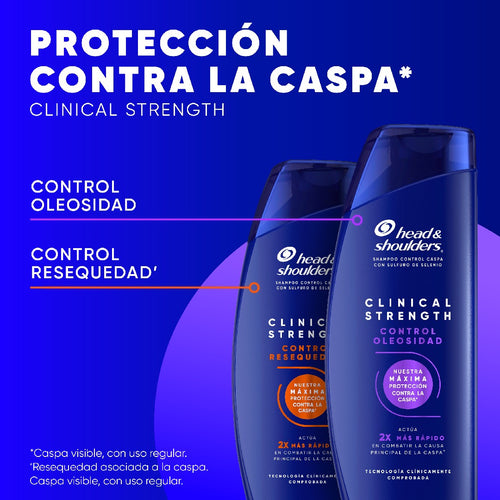 Dos botellas de Head & Shoulders Clinical Strength (Control Oleosidad y Control Resequedad) sobre fondo azul, con texto "Protección Contra la Caspa*: Clinical Strength"