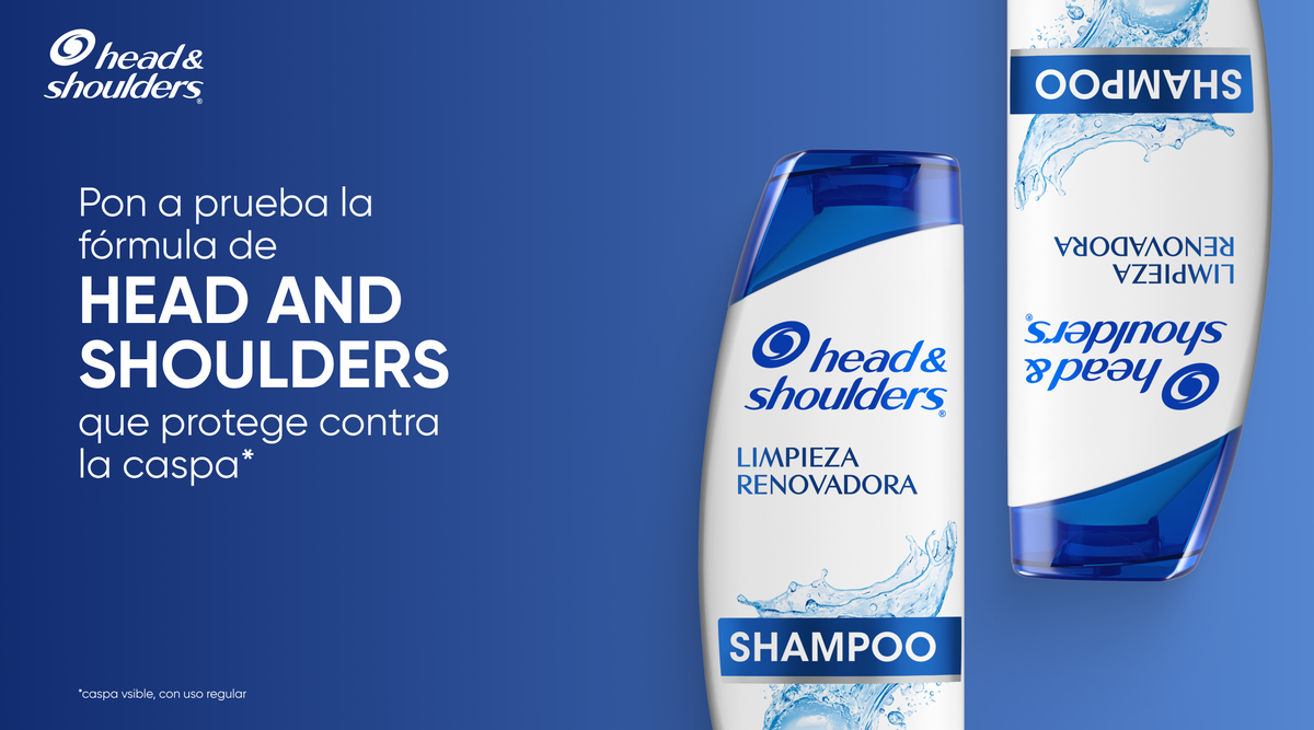 Variedad de productos Head & Shoulders Shampoo Limpieza Renovadora sobre fondo azul oscuro, con texto "Pon a prueba la fórmula de Head and Shoulders que protege contra la caspa"