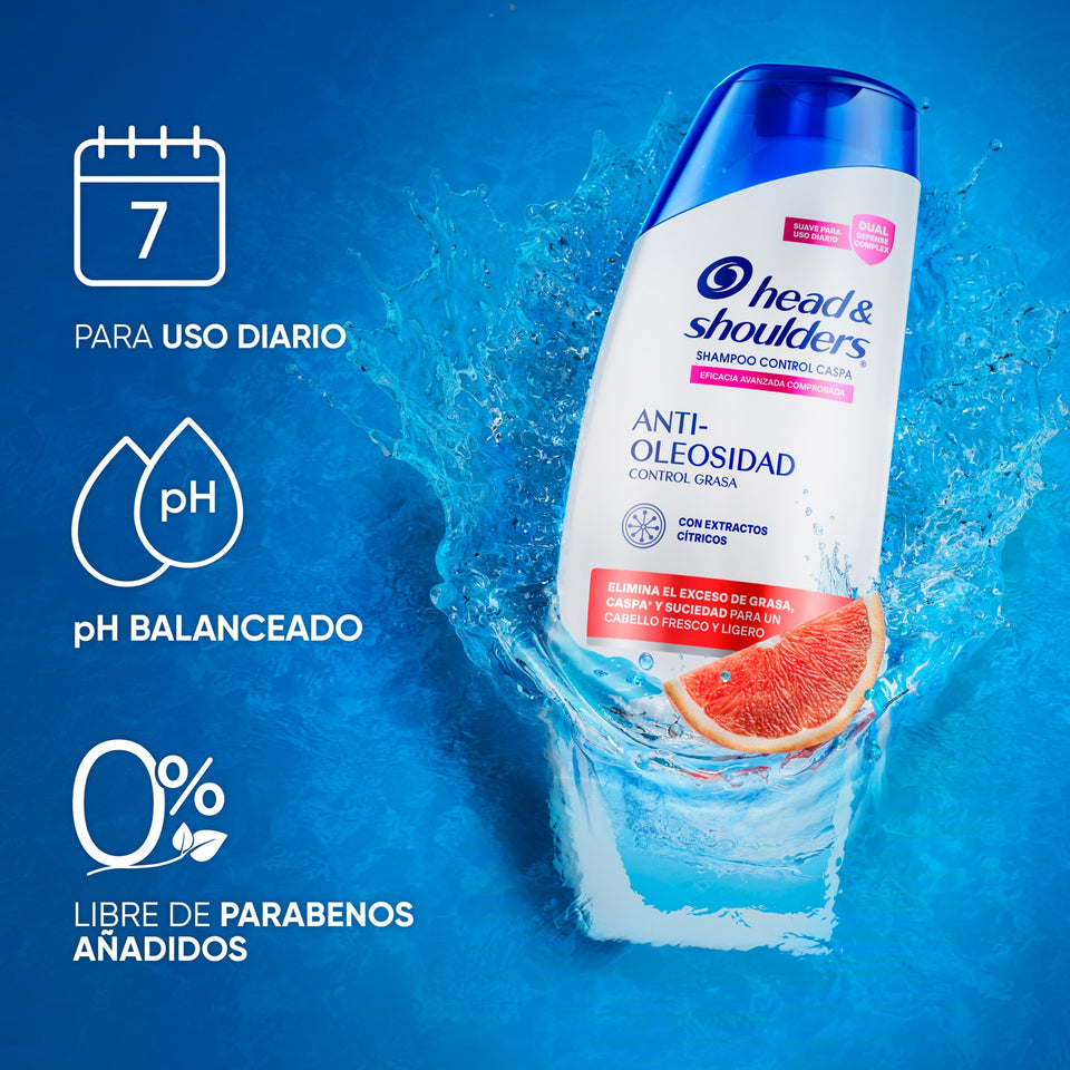Botella de Head & Shoulders Anti-Oleosidad entre salpicaduras, con íconos de uso diario, pH balanceado y libre de parabenos añadidos